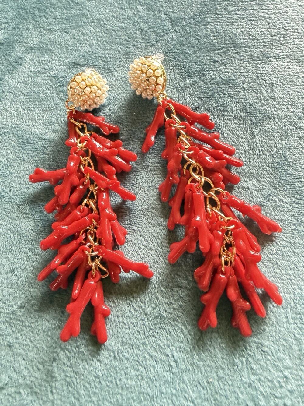 Vintage type coral pearl (faux) earrings boho beachy vacation sea cruising ocean